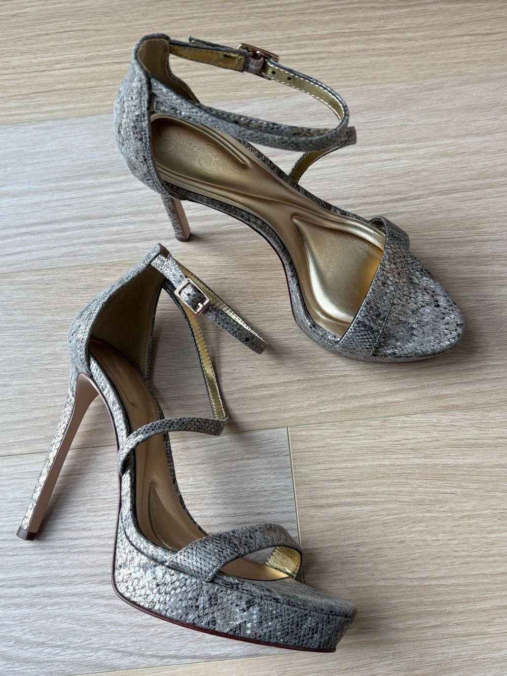 Metallic Snake-Print Platform Stiletto Sandals